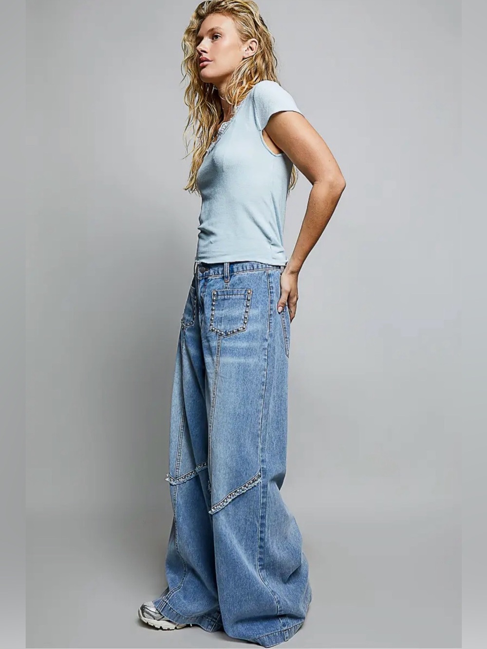 NEW Pol Wide Leg Jeans Vintage Washing Solid Back Elastic Band High Rise - Picture 5 of 7